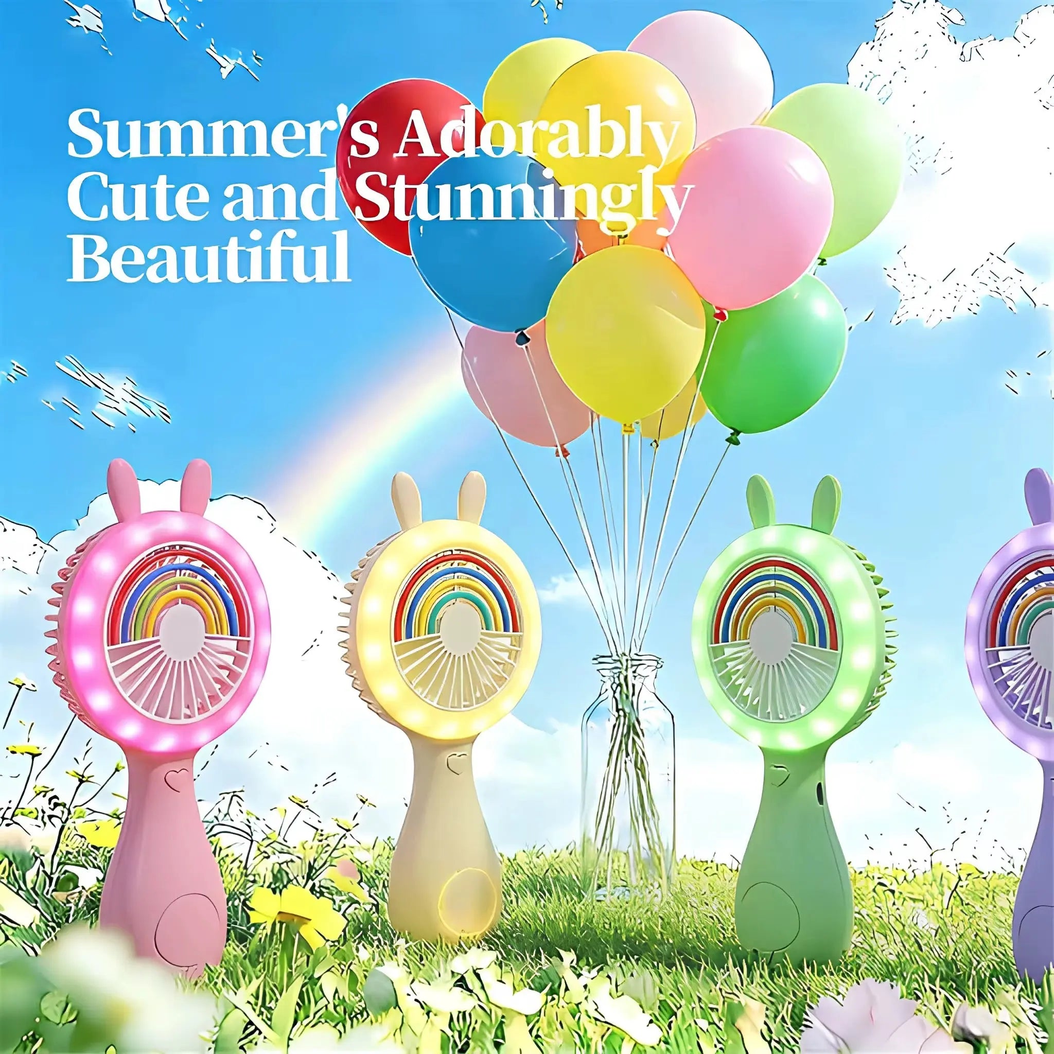 Cute Bunny Rainbow Handheld Fan with LED Light Portable Mini Fan