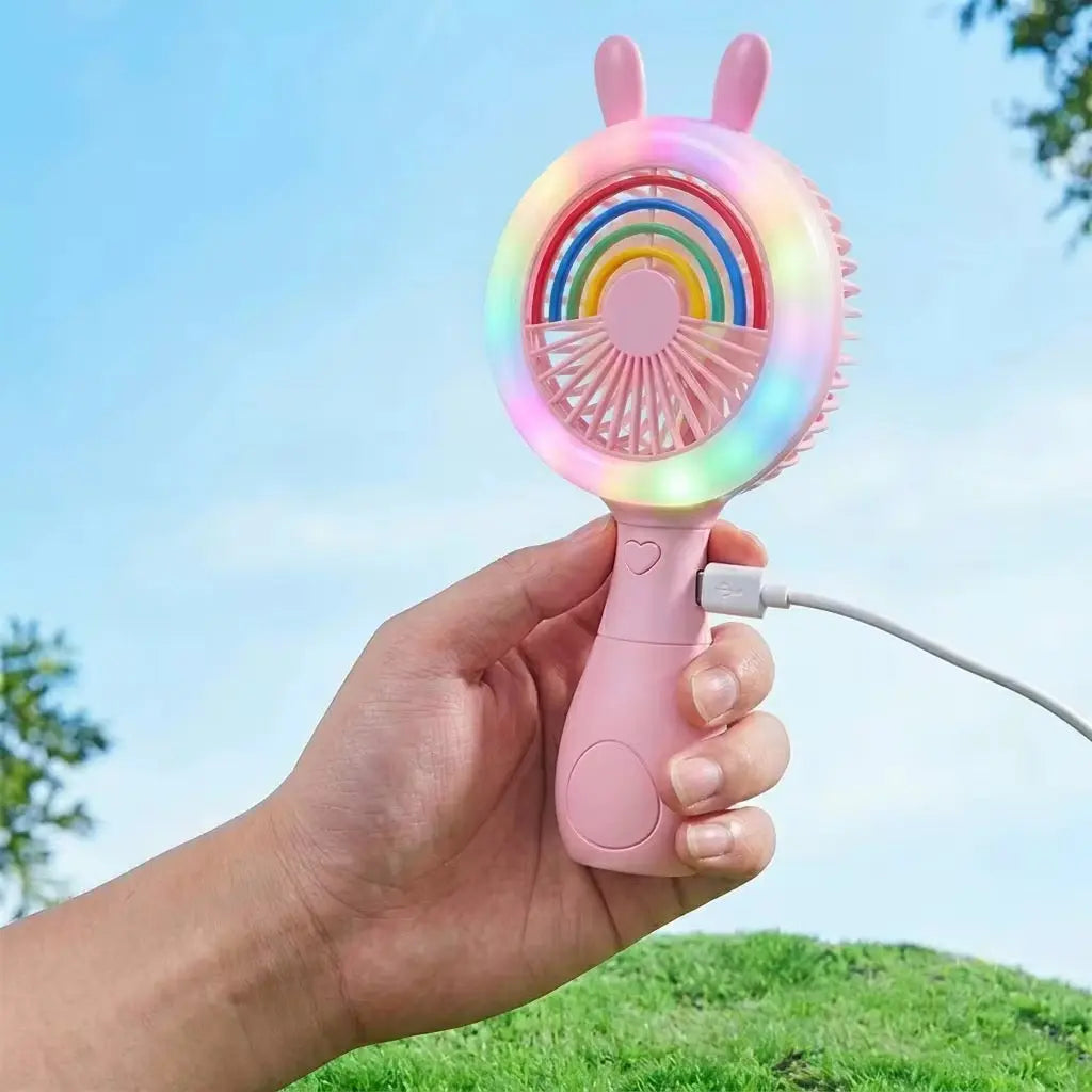 Cute Bunny Rainbow Handheld Fan with LED Light Portable Mini Fan