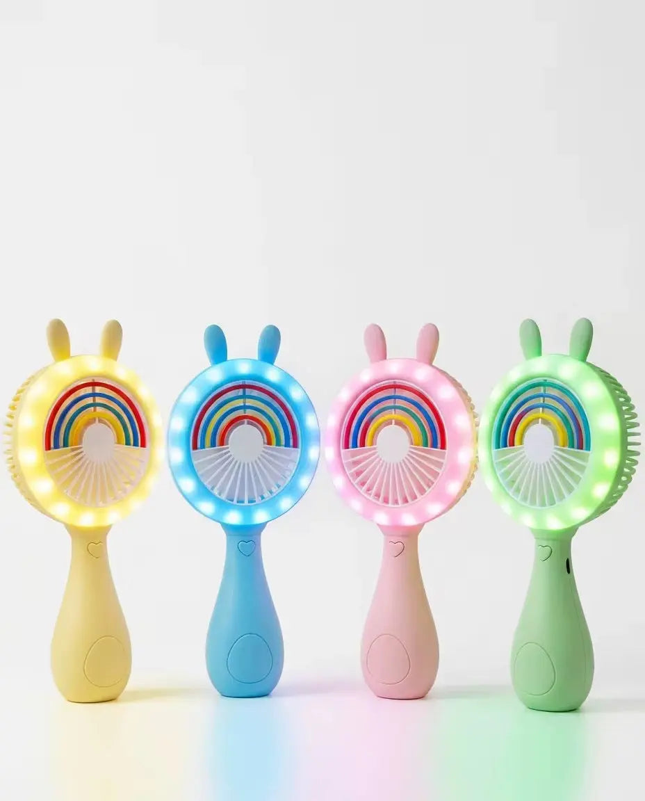 Cute Bunny Rainbow Handheld Fan with LED Light Portable Mini Fan