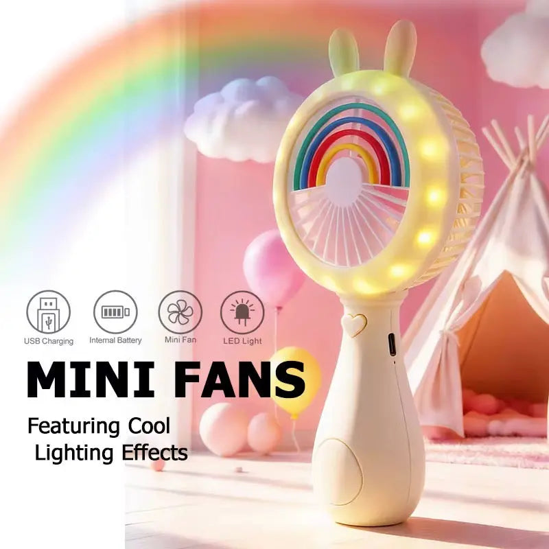 Cute Bunny Rainbow Handheld Fan with LED Light Portable Mini Fan