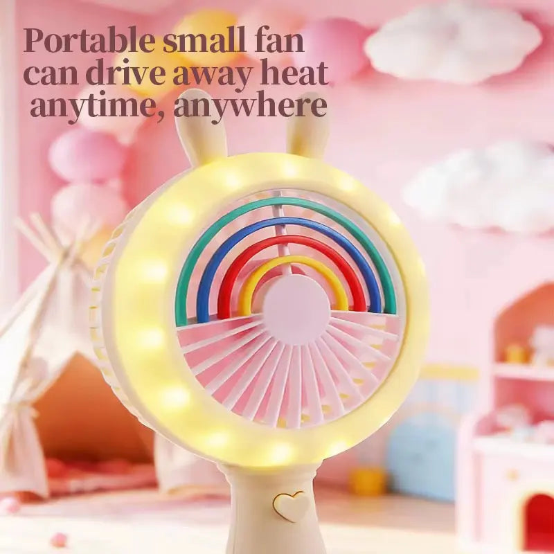 Cute Bunny Rainbow Handheld Fan with LED Light Portable Mini Fan