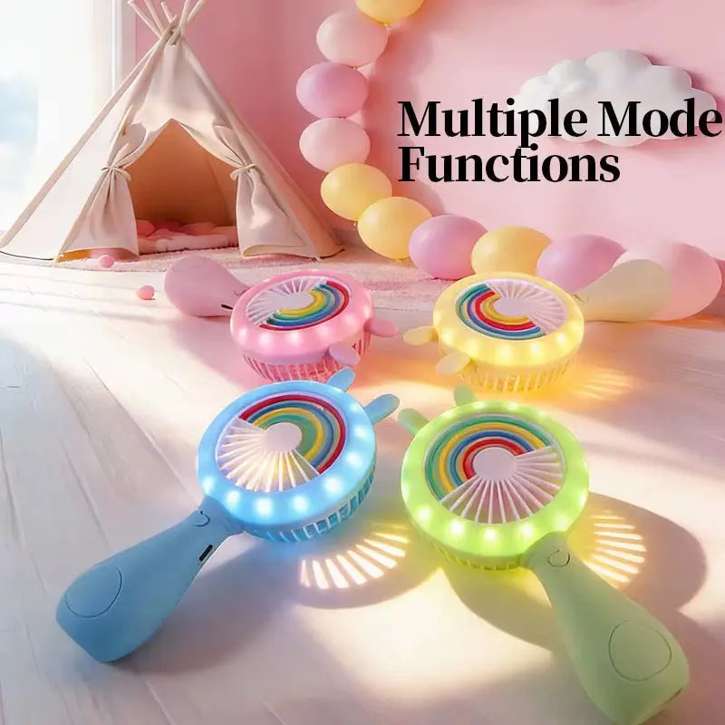 Cute Bunny Rainbow Handheld Fan with LED Light Portable Mini Fan