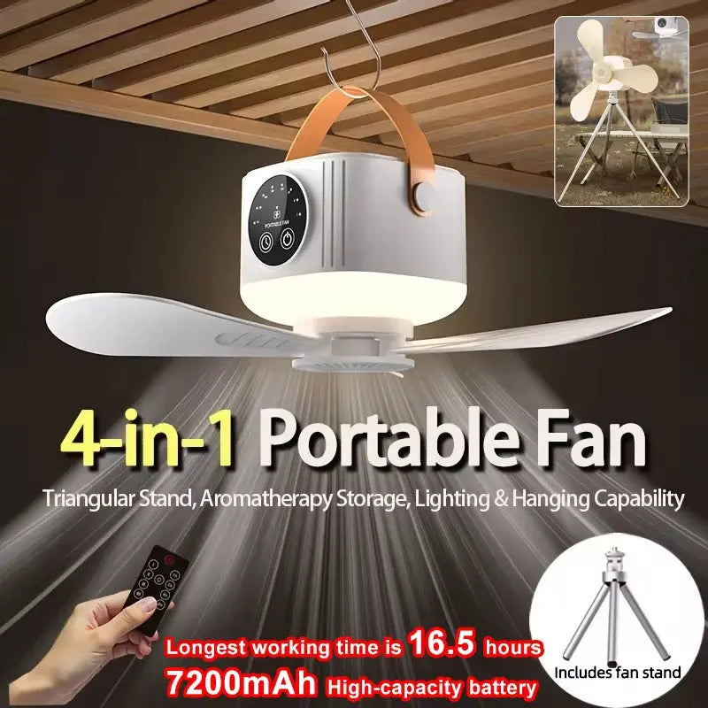 4-in-1 Rechargeable Portable Ceiling Fan with Light, Remote & Tripod Stand