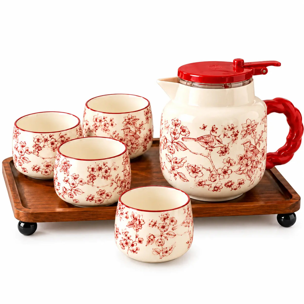 Luxury Red Floral Ceramic Tea Set with 4 Cups, Teapot & Wooden Serving Tray 6 Pcs