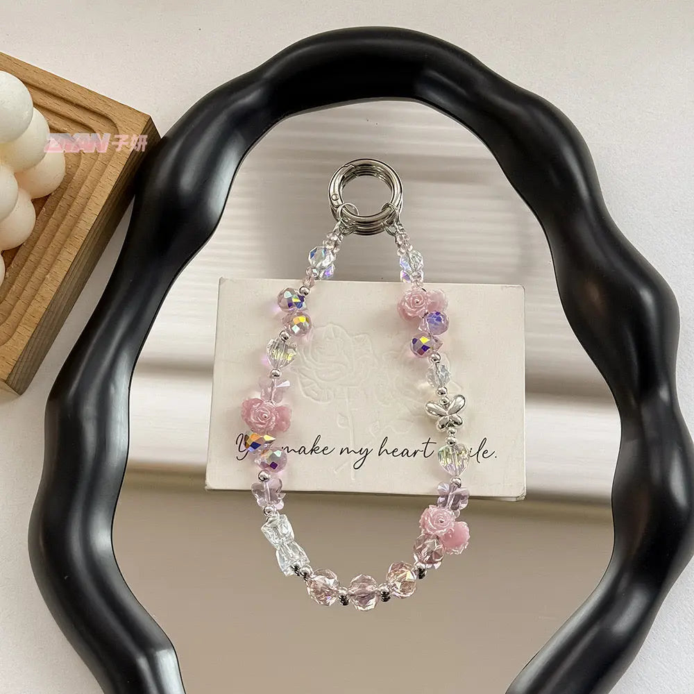 Crystal Rose Beaded Phone Charm Wrist Strap Vintage Fairy Angel Bracelet Lanyard for Phone Keys & Handbags Sparkels  Sparkels