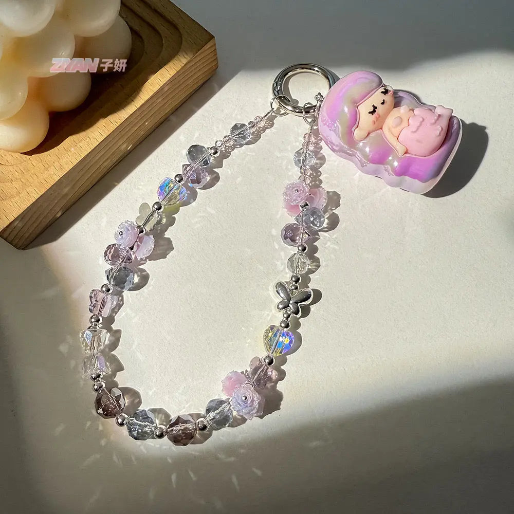 Crystal Rose Beaded Phone Charm Wrist Strap Vintage Fairy Angel Bracelet Lanyard for Phone Keys & Handbags Sparkels  Sparkels