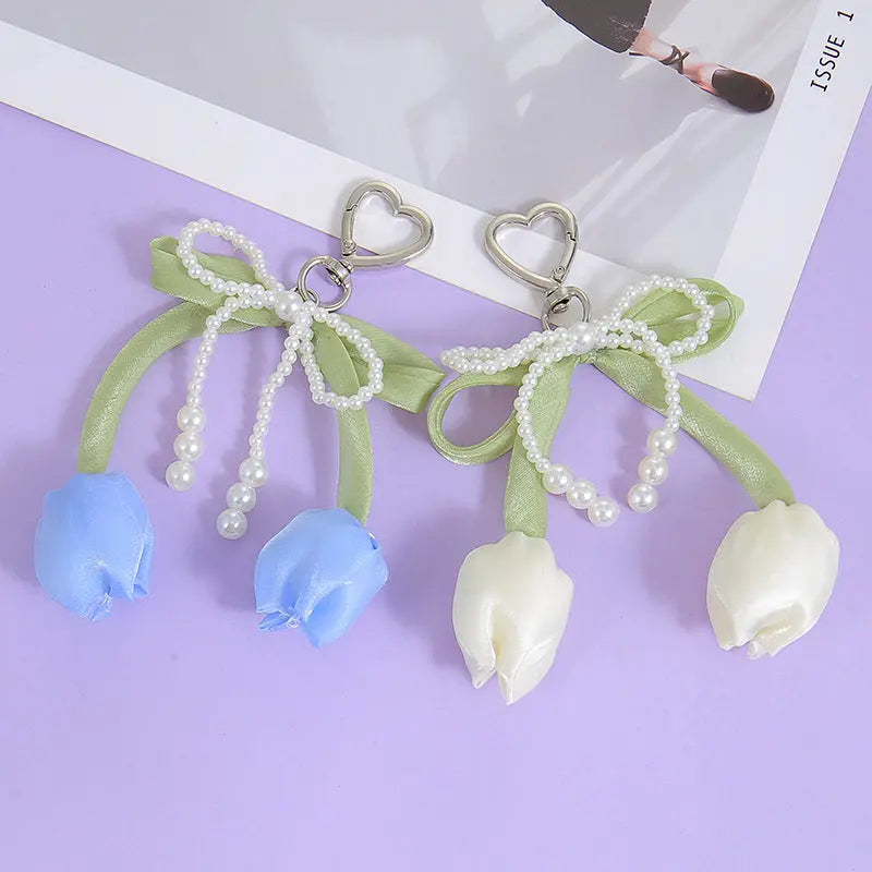 Kawaii Tulip Pearl Ribbon Keychain Cute Heart Charm Bag Pendant & Car Key Accessory Sparkels  Sparkels