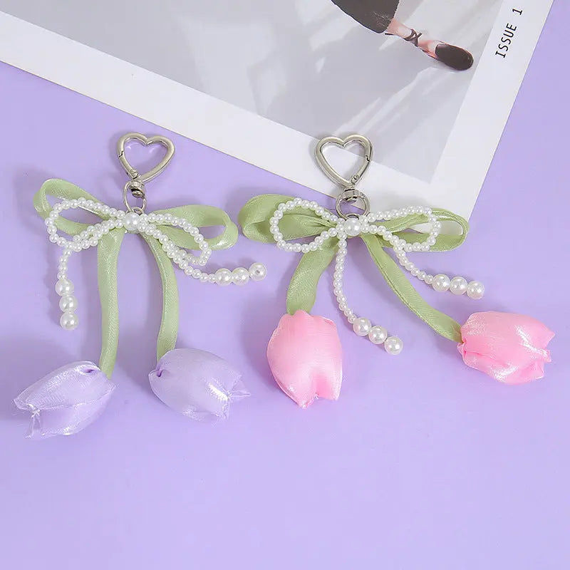 Kawaii Tulip Pearl Ribbon Keychain Cute Heart Charm Bag Pendant & Car Key Accessory Sparkels  Sparkels