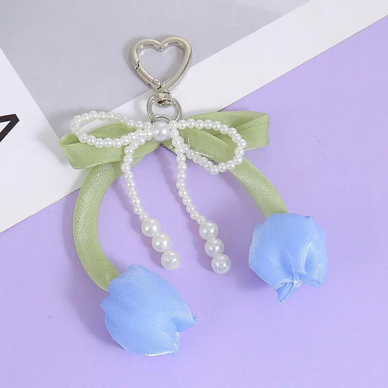 Kawaii Tulip Pearl Ribbon Keychain Cute Heart Charm Bag Pendant & Car Key Accessory Sparkels  Sparkels