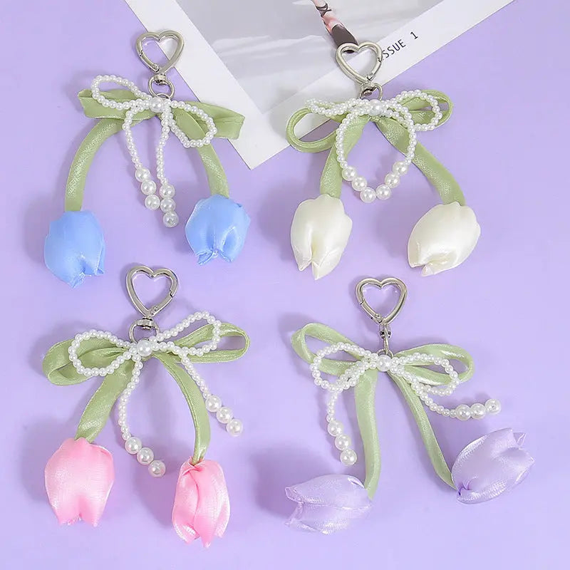 Kawaii Tulip Pearl Ribbon Keychain Cute Heart Charm Bag Pendant & Car Key Accessory Sparkels  Sparkels