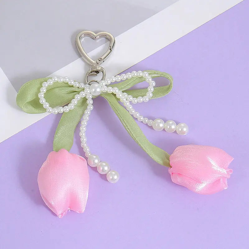 Kawaii Tulip Pearl Ribbon Keychain Cute Heart Charm Bag Pendant & Car Key Accessory Sparkels  Sparkels