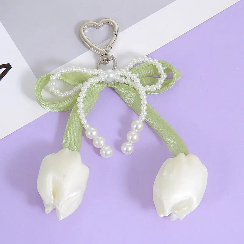 Kawaii Tulip Pearl Ribbon Keychain Cute Heart Charm Bag Pendant & Car Key Accessory Sparkels  Sparkels