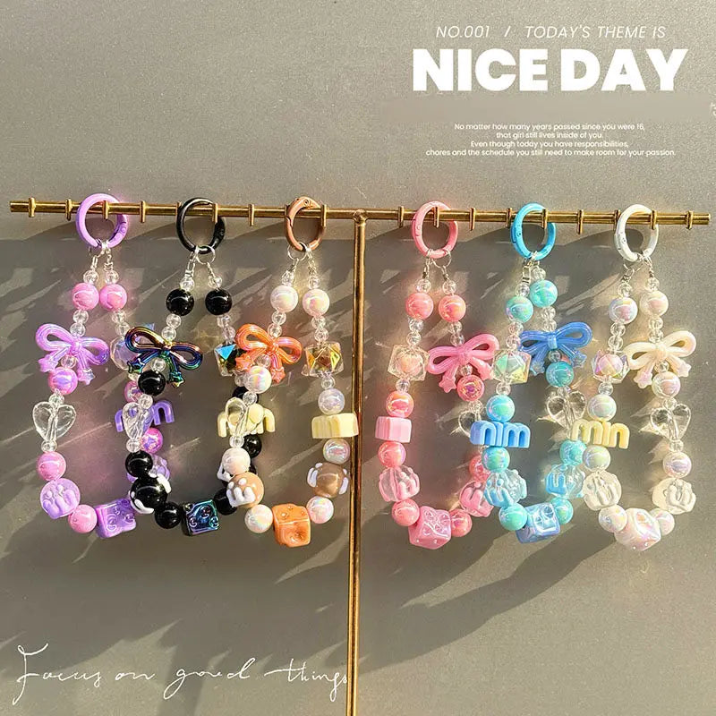 Kawaii Beaded Charm Keychain Bracelet Cute Bow & Candy Beads Phone Strap Bag Accessory Sparkels  Sparkels