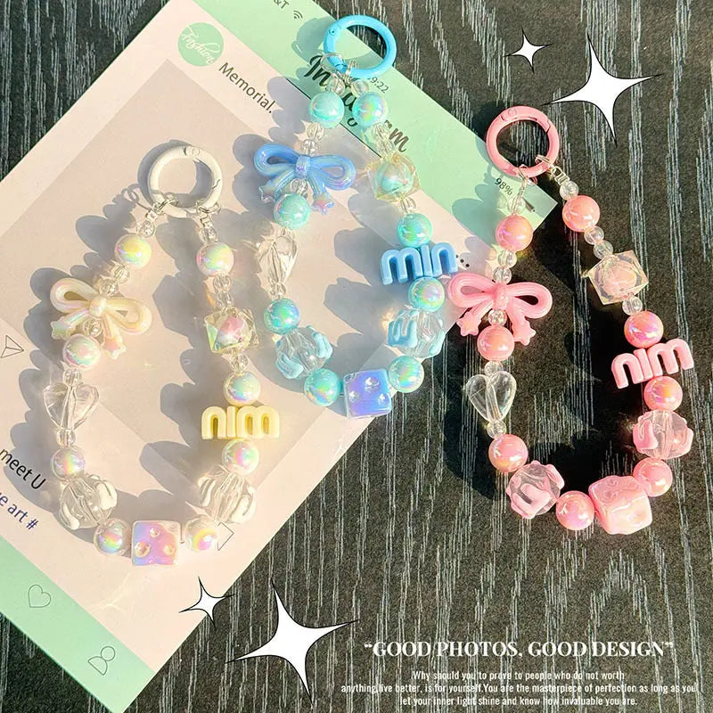 Kawaii Beaded Charm Keychain Bracelet Cute Bow & Candy Beads Phone Strap Bag Accessory Sparkels  Sparkels