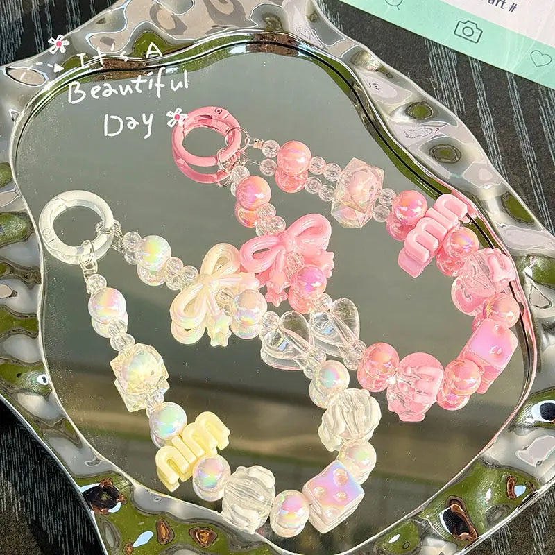Kawaii Beaded Charm Keychain Bracelet Cute Bow & Candy Beads Phone Strap Bag Accessory Sparkels  Sparkels