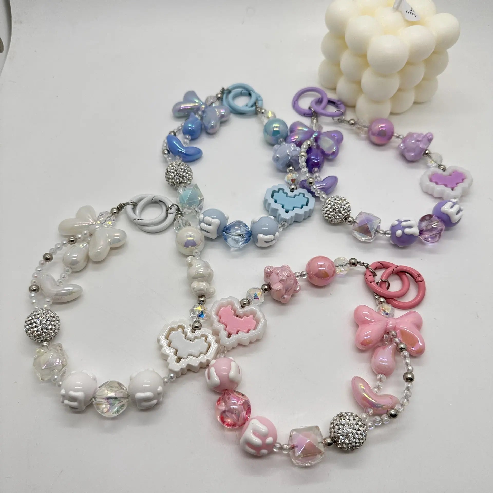Kawaii Beaded Phone Charm Wrist Strap Cute Butterfly Bear & Heart Bracelet Lanyard for Phone Keys & Bags Sparkels  Sparkels