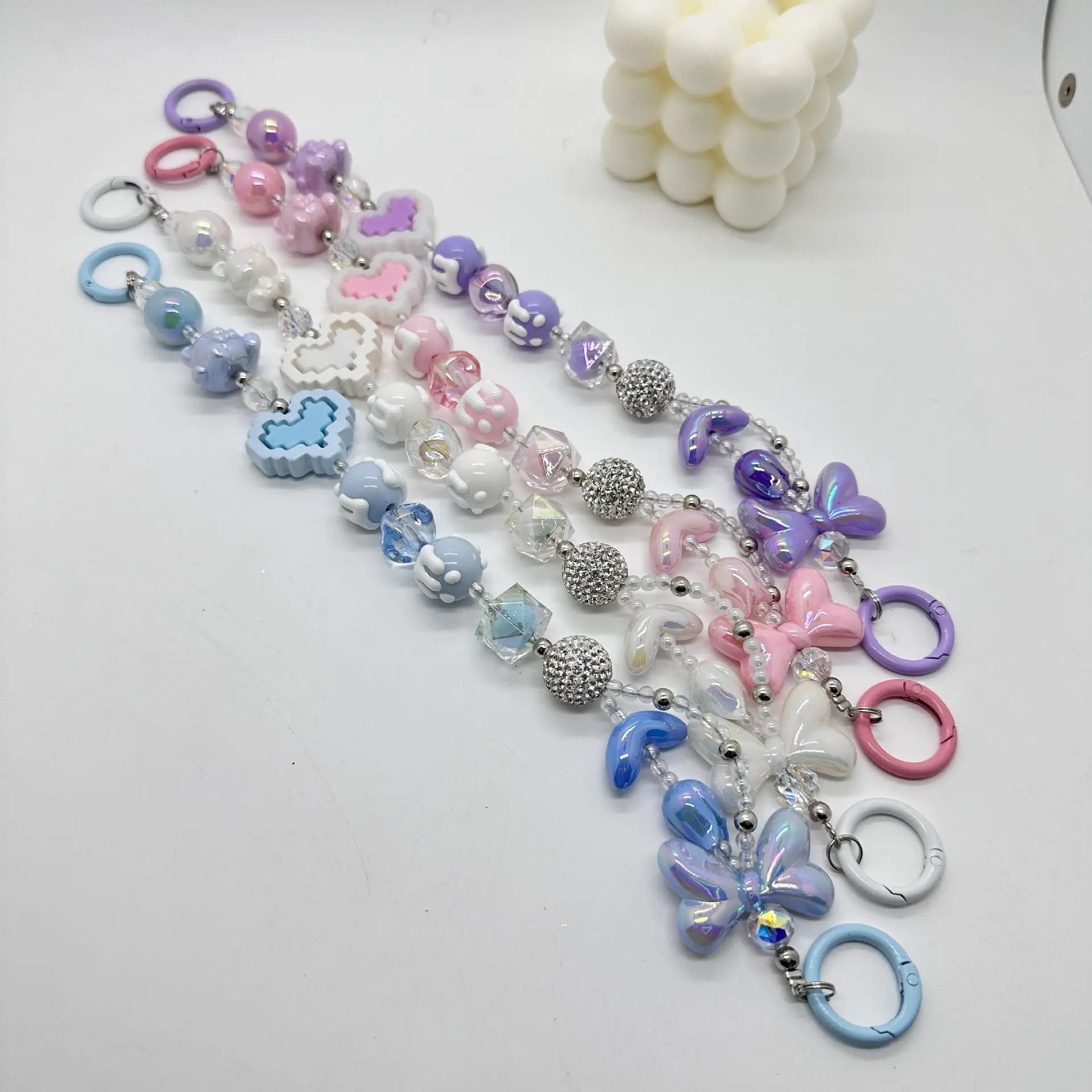 Kawaii Beaded Phone Charm Wrist Strap Cute Butterfly Bear & Heart Bracelet Lanyard for Phone Keys & Bags Sparkels  Sparkels