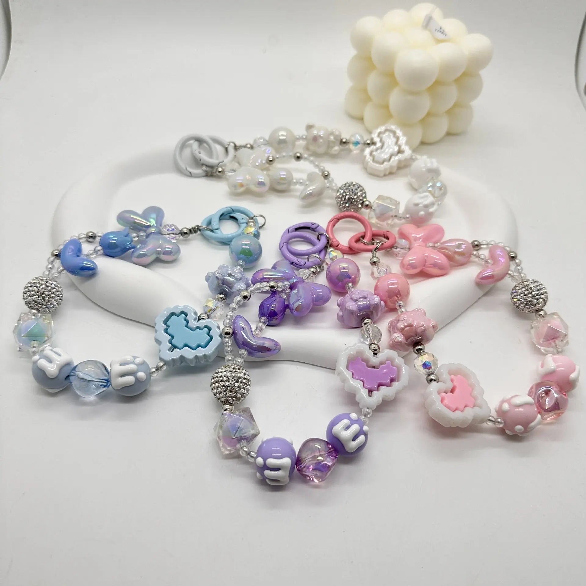 Kawaii Beaded Phone Charm Wrist Strap Cute Butterfly Bear & Heart Bracelet Lanyard for Phone Keys & Bags Sparkels  Sparkels