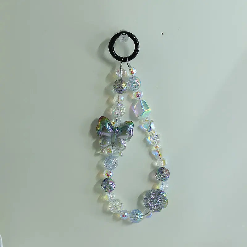 Kawaii Crystal Butterfly Beaded Phone Charm Strap Aesthetic Rainbow Keychain Bracelet Accessory Sparkels  Sparkels