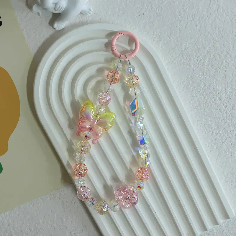 Kawaii Crystal Butterfly Beaded Phone Charm Strap Aesthetic Rainbow Keychain Bracelet Accessory Sparkels  Sparkels
