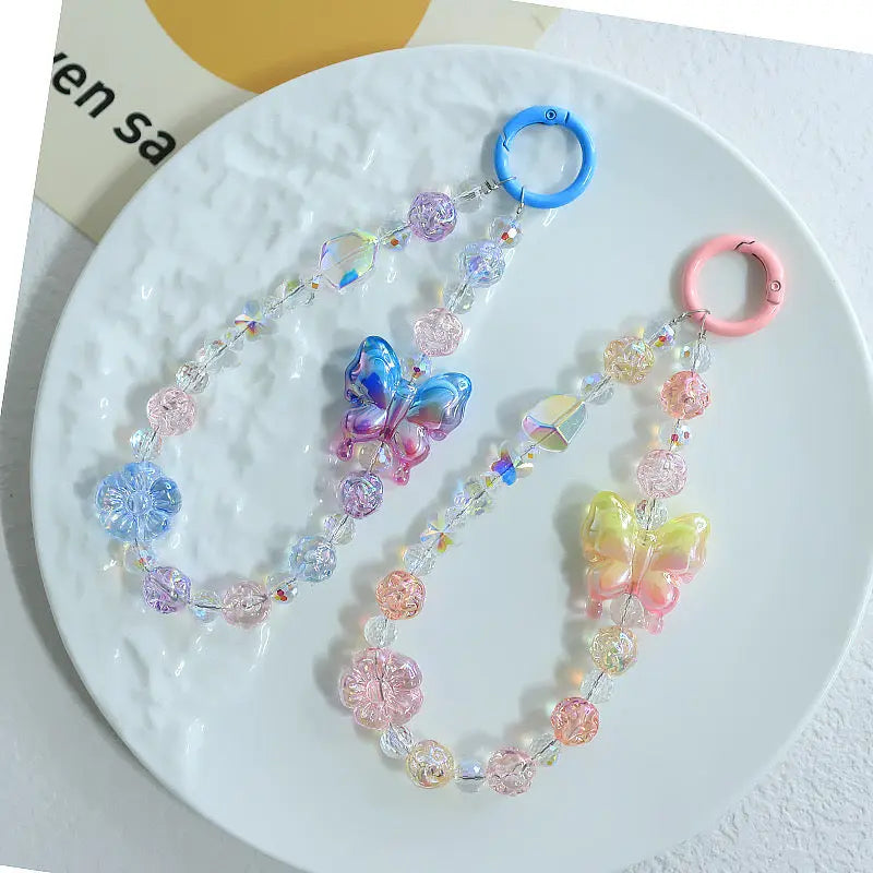 Kawaii Crystal Butterfly Beaded Phone Charm Strap Aesthetic Rainbow Keychain Bracelet Accessory Sparkels  Sparkels