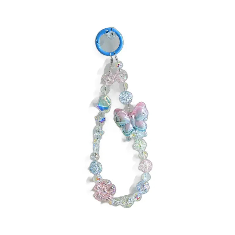 Kawaii Crystal Butterfly Beaded Phone Charm Strap Aesthetic Rainbow Keychain Bracelet Accessory Sparkels  Sparkels