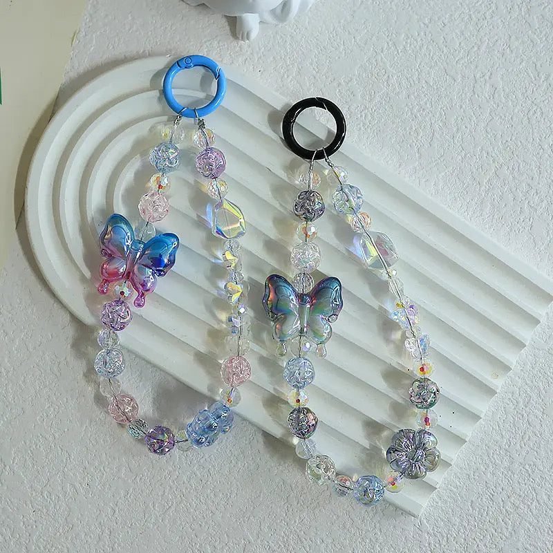 Kawaii Crystal Butterfly Beaded Phone Charm Strap Aesthetic Rainbow Keychain Bracelet Accessory Sparkels  Sparkels