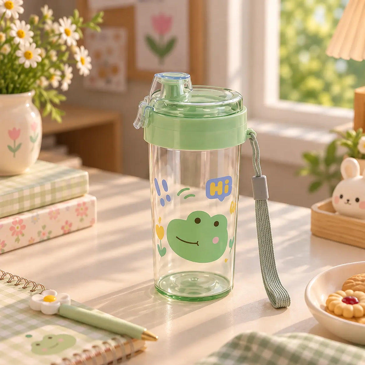 Cute Cartoon Water Bottle with Flip Top Lid & Wrist Strap