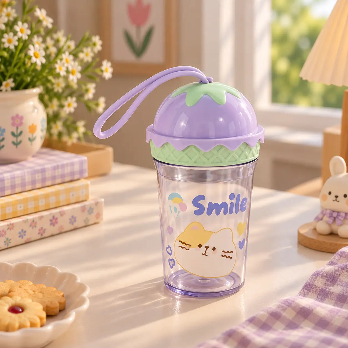 Cute Kawaii Cartoon Water Bottle with Ice Cream Lid