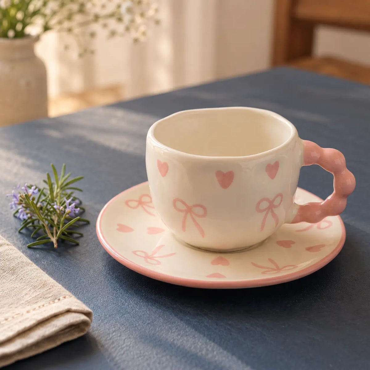 Kawaii Pink Heart & Bow Ceramic Tea Cup with Saucer