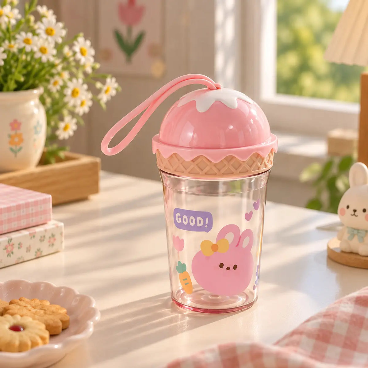 Cute Kawaii Cartoon Water Bottle with Ice Cream Lid