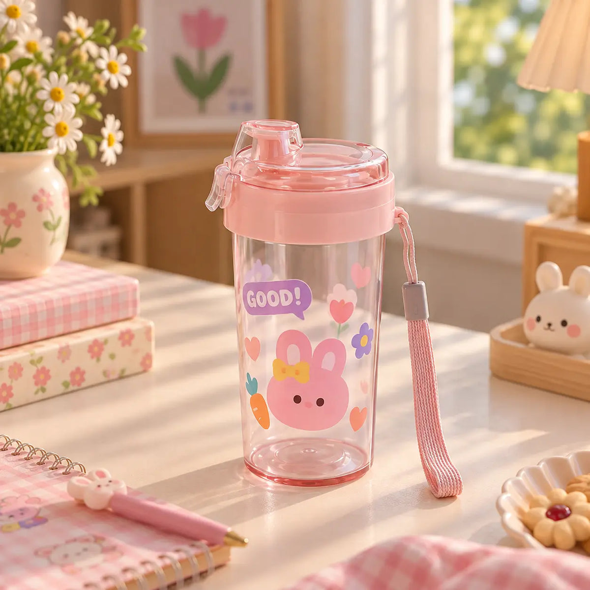 Cute Cartoon Water Bottle with Flip Top Lid & Wrist Strap