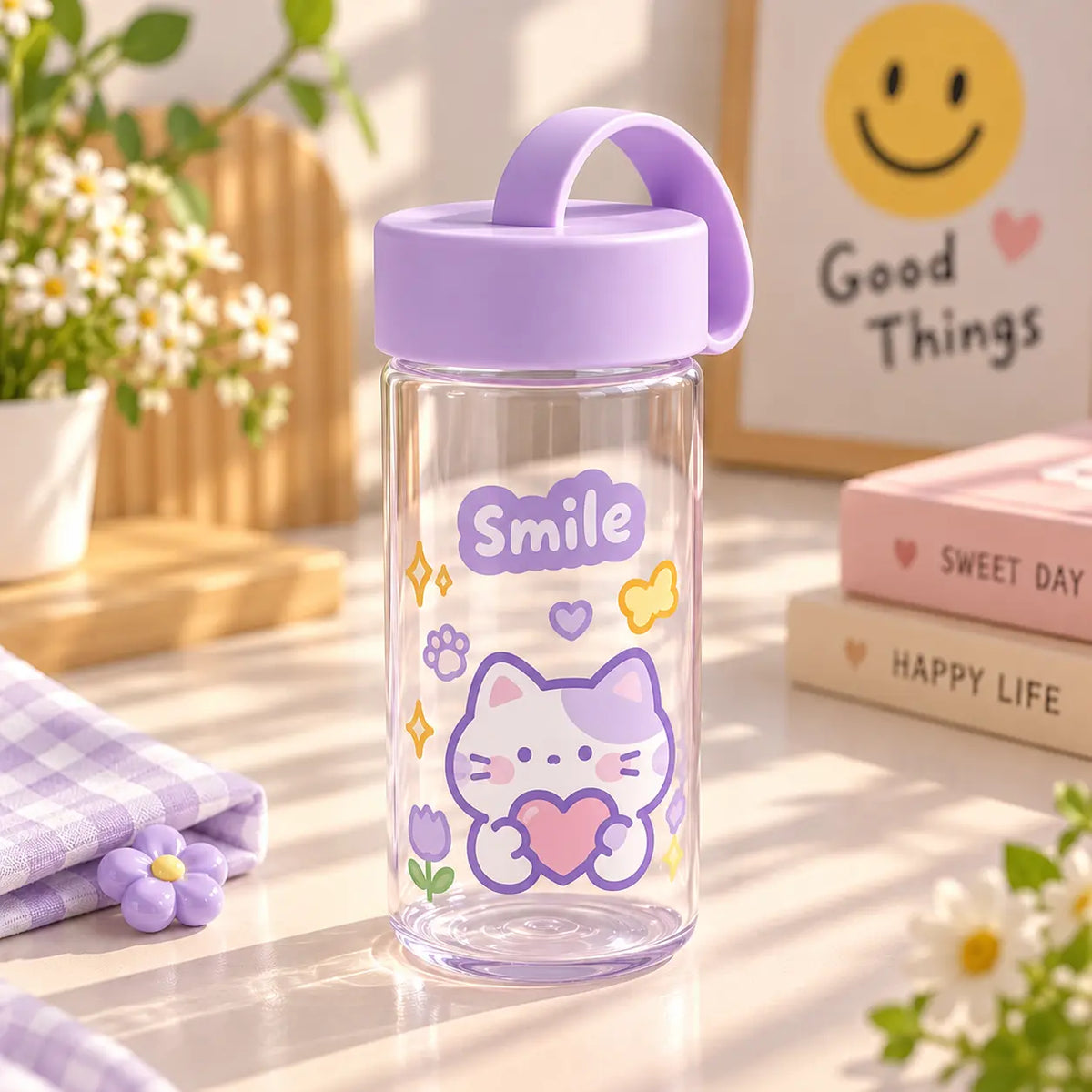 Cute Kawaii Cartoon Water Bottle with Carry Handle
