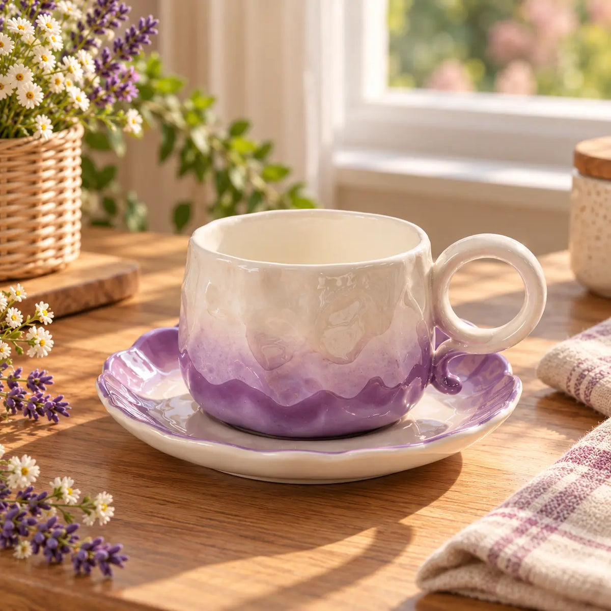 Pastel Ombre Ceramic Tea Cup with Flower Saucer Elegant Coffee Cup Set