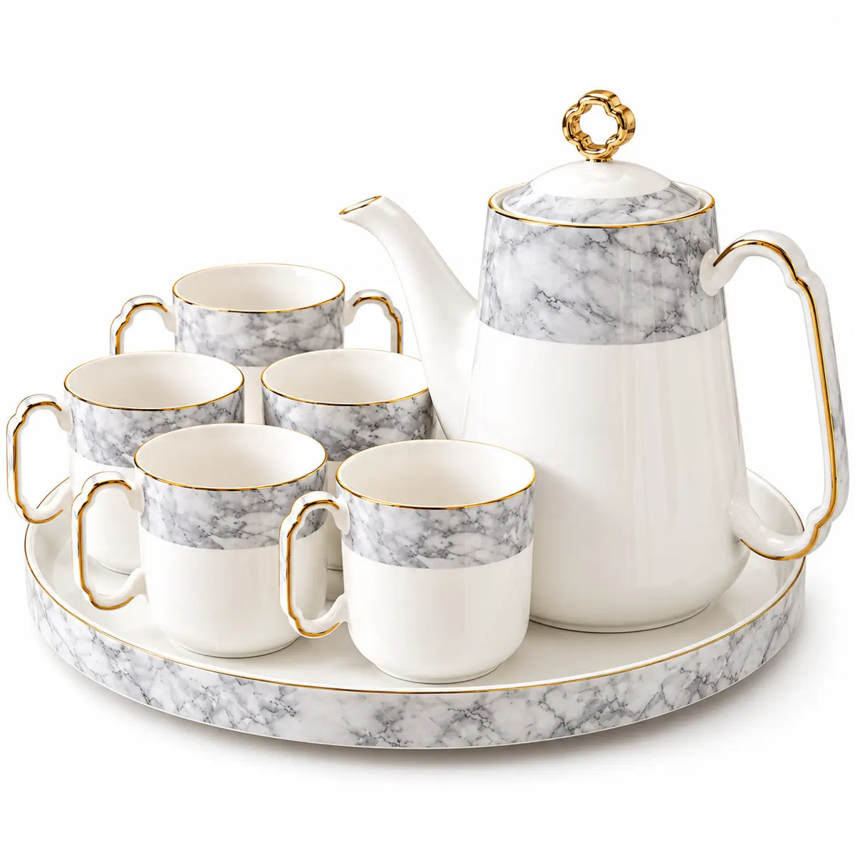 Luxury White & Grey Marble Ceramic Tea Set with Gold Detailing, 5 Cups & Serving Tray 7 Pcs