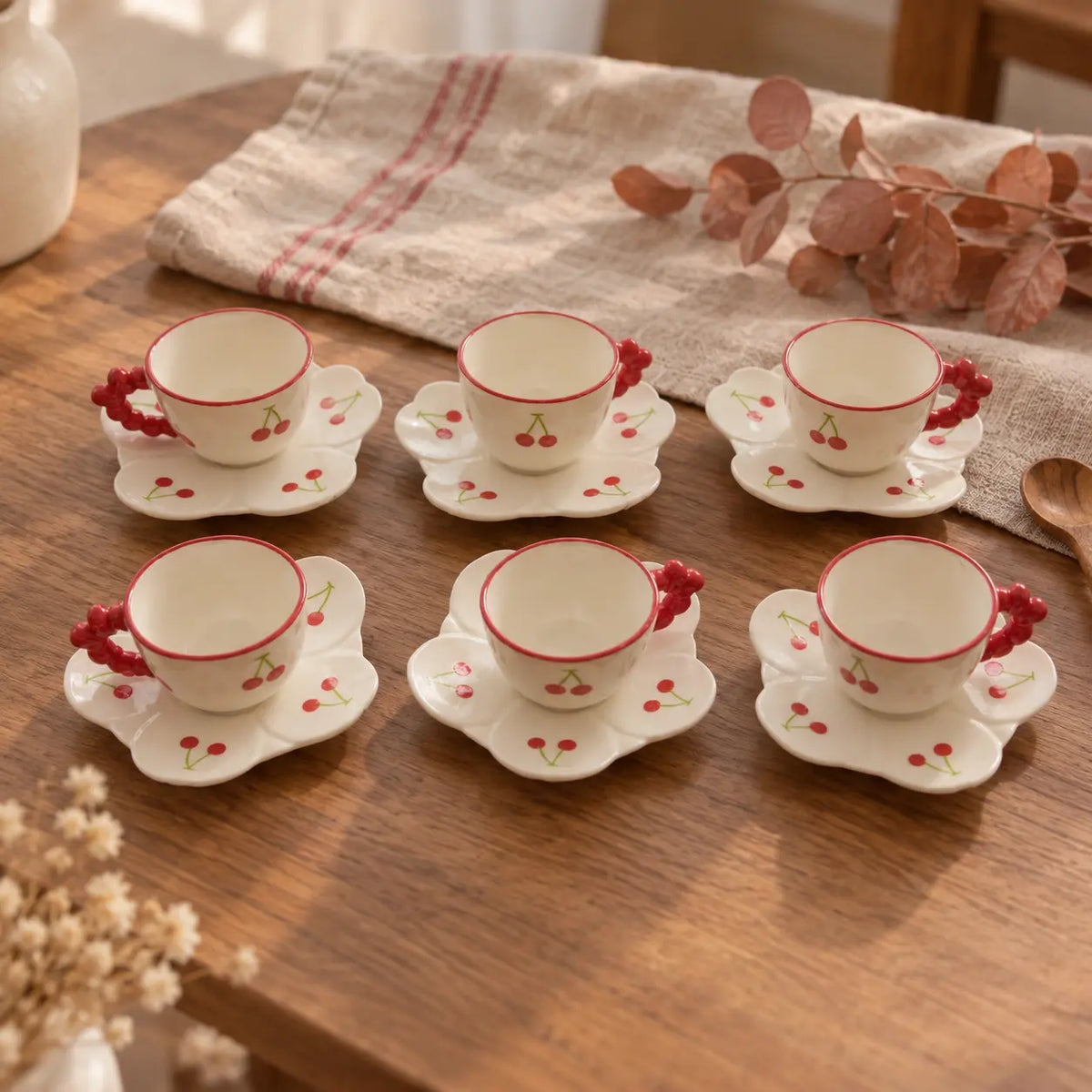 Mini Cherry Ceramic Tea Cup & Flower Saucer Set 90ml (Set of 6)