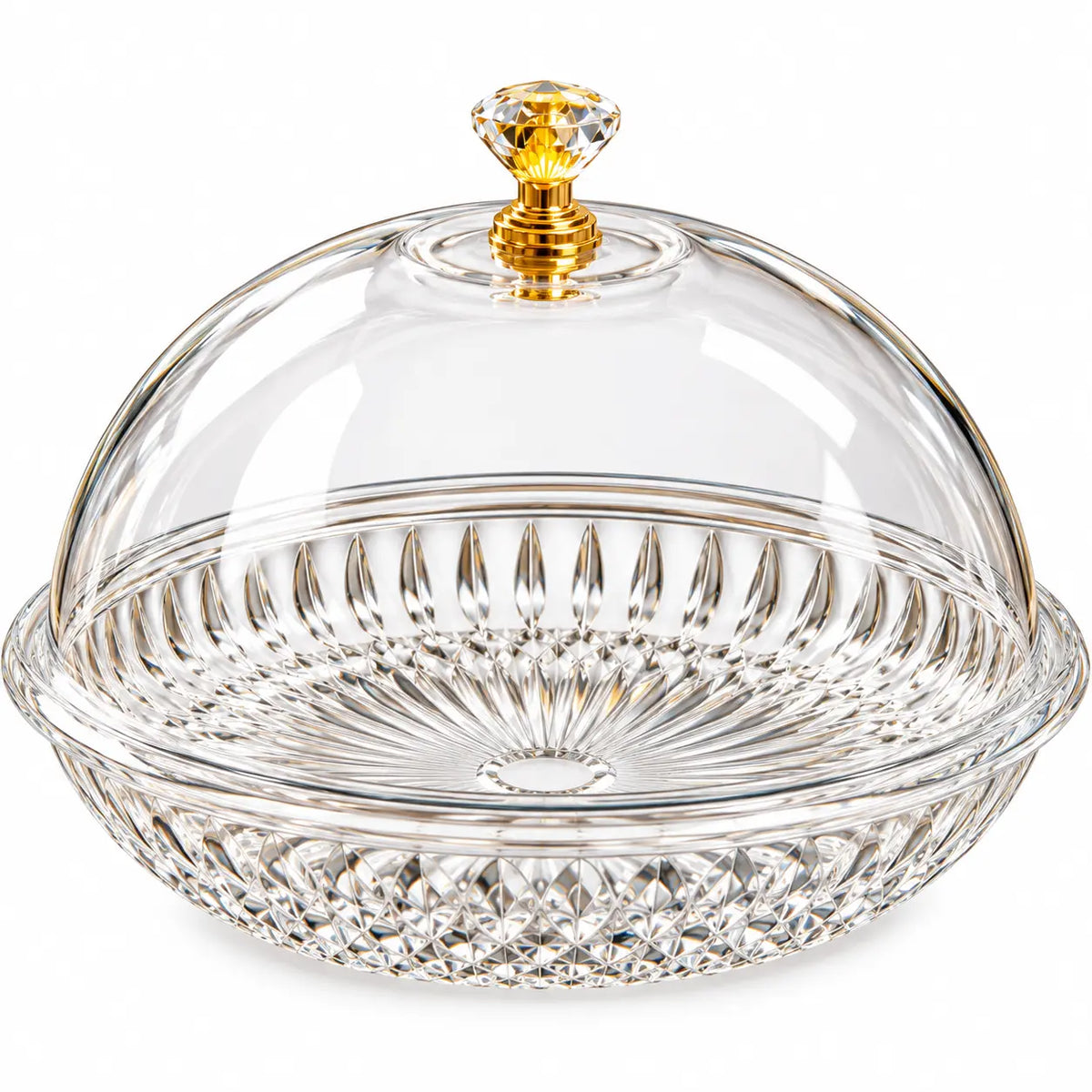 Large Luxury Crystal Cut Glass Cake Stand with Dome Lid & Gold Knob
