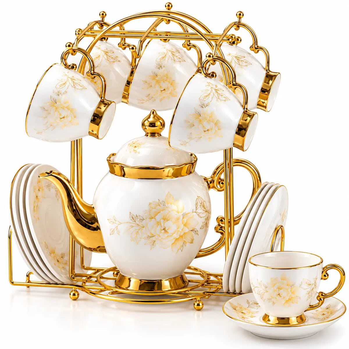 Luxury White & Gold Floral Ceramic Tea Set with 6 Cups, Saucers & Golden Stand 14 Pcs
