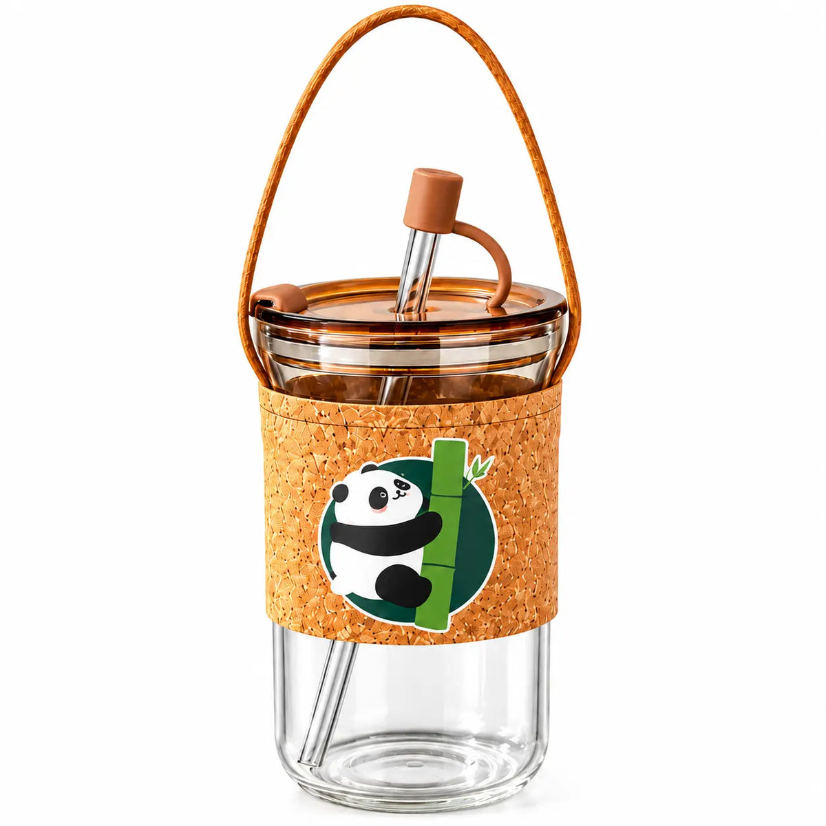 Cute Panda Glass Tumbler with Cork Sleeve, Straw & Carry Strap