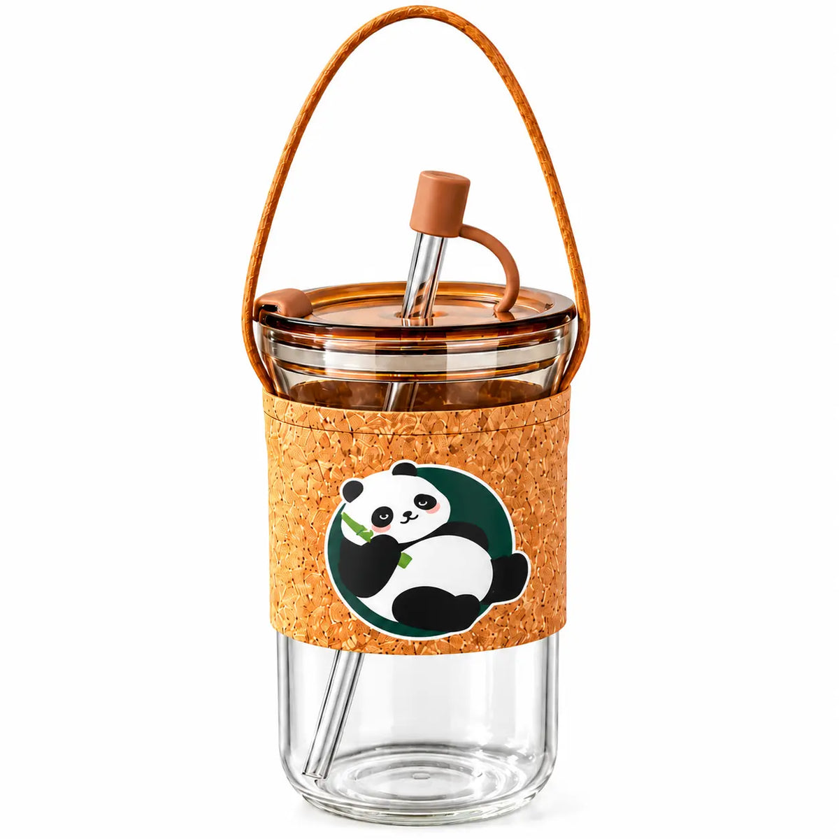 Cute Panda Glass Tumbler with Cork Sleeve, Straw & Carry Strap