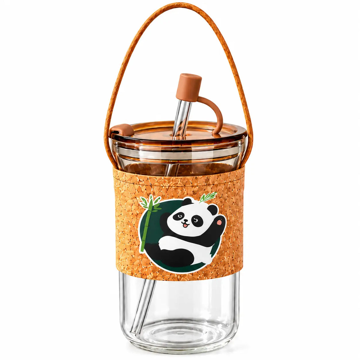 Cute Panda Glass Tumbler with Cork Sleeve, Straw & Carry Strap