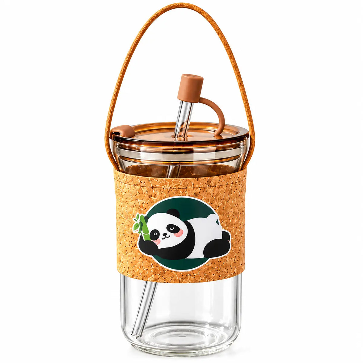 Cute Panda Glass Tumbler with Cork Sleeve, Straw & Carry Strap