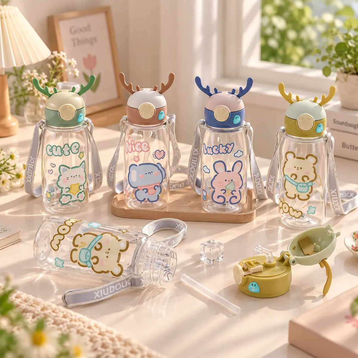 Cute Deer Antler Cartoon Water Bottle with Straw & Shoulder Strap