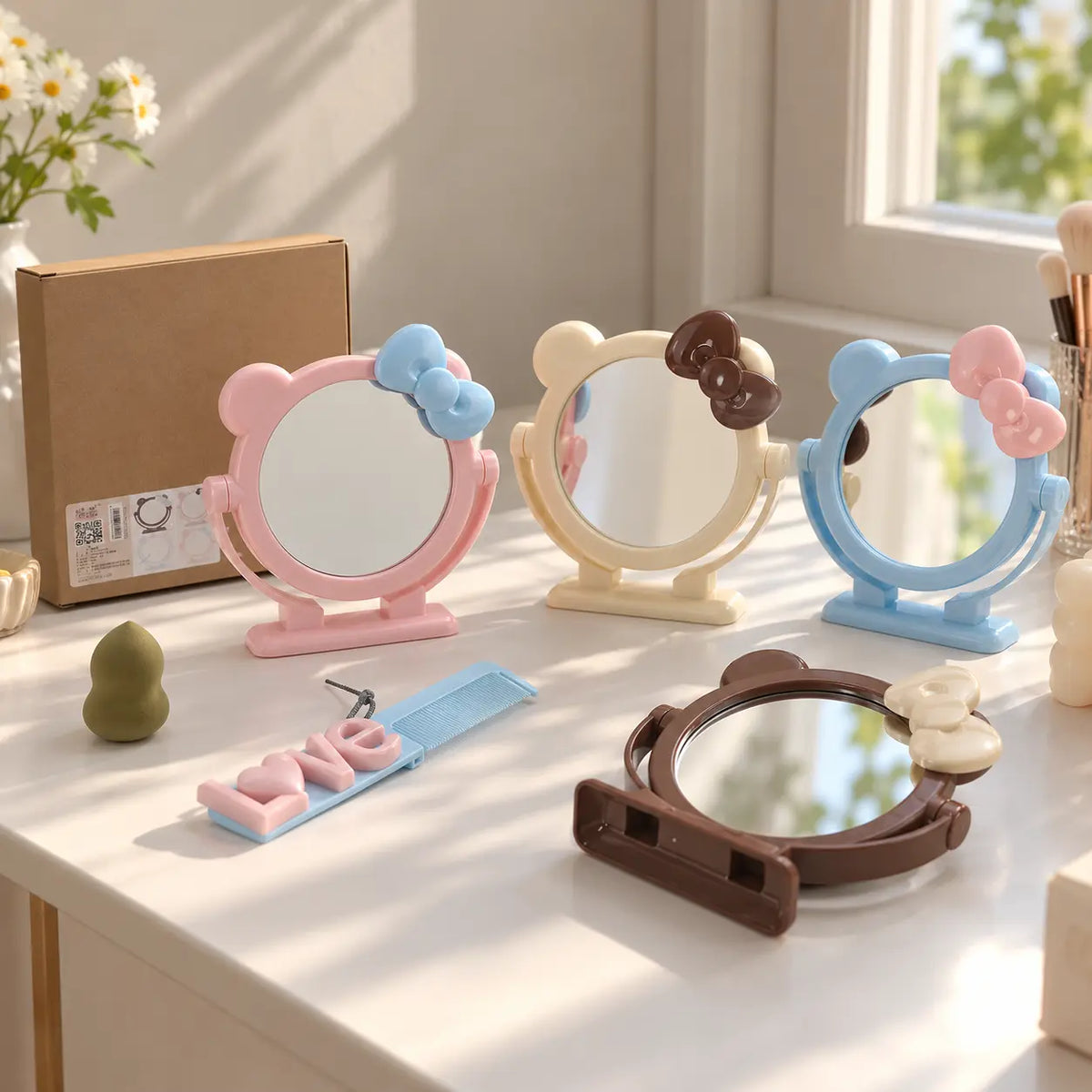 Cute Bear Ear Bow Rotating Vanity Mirror