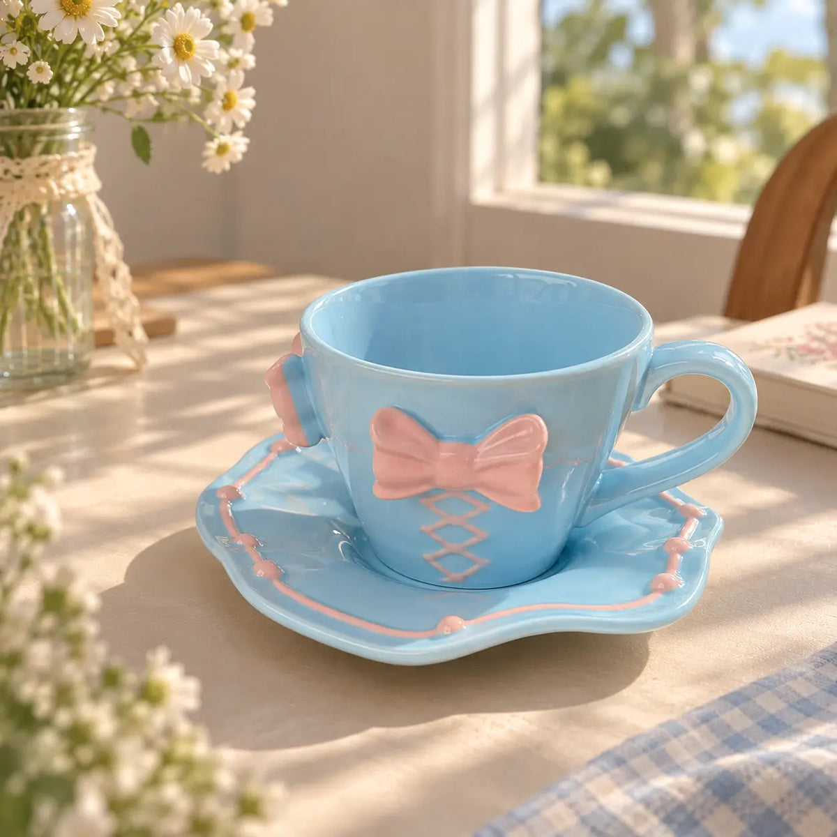Pastel Bow Ceramic Tea Cup & Saucer Set