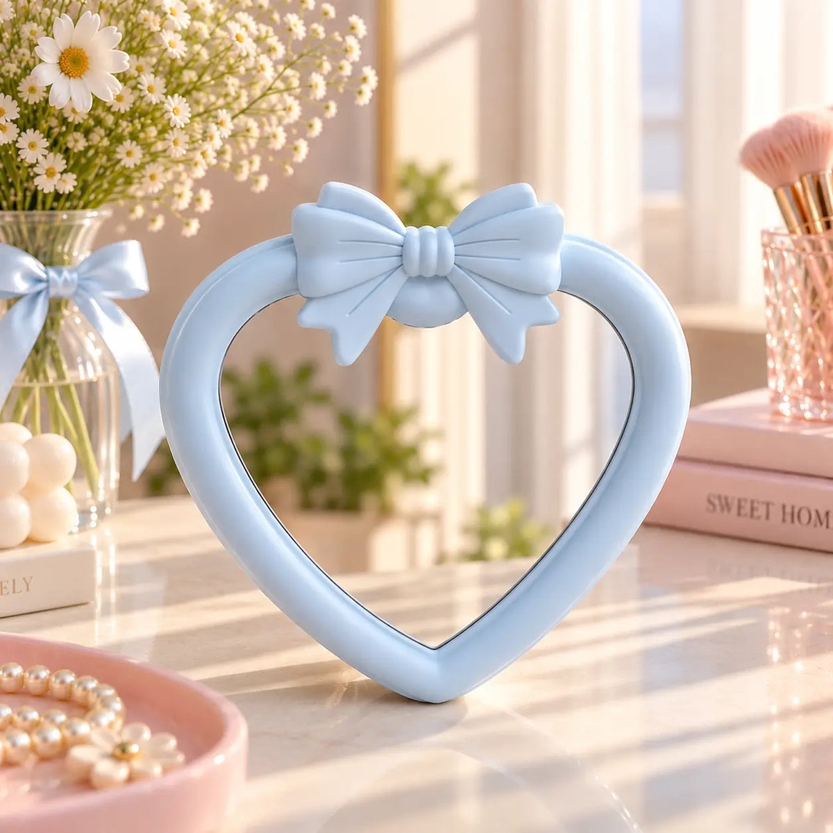 Cute Heart-Shaped Vanity Mirror with 3D Bow