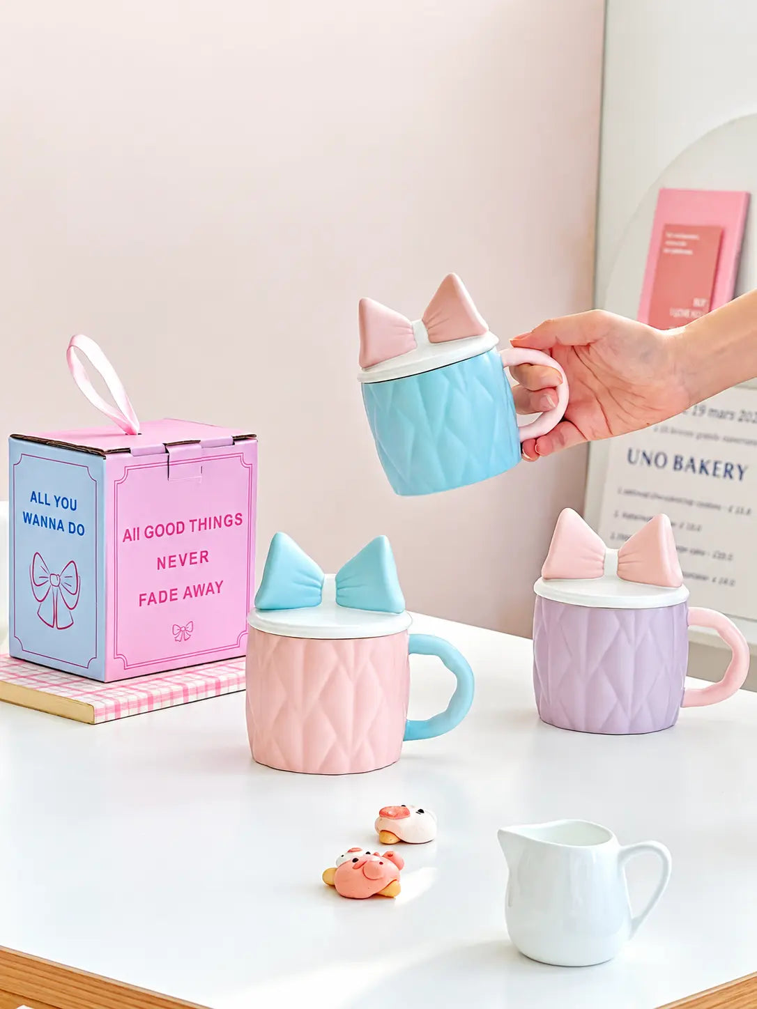 Cute Bow Ceramic Mug with Lid Pastel Sweet Mug