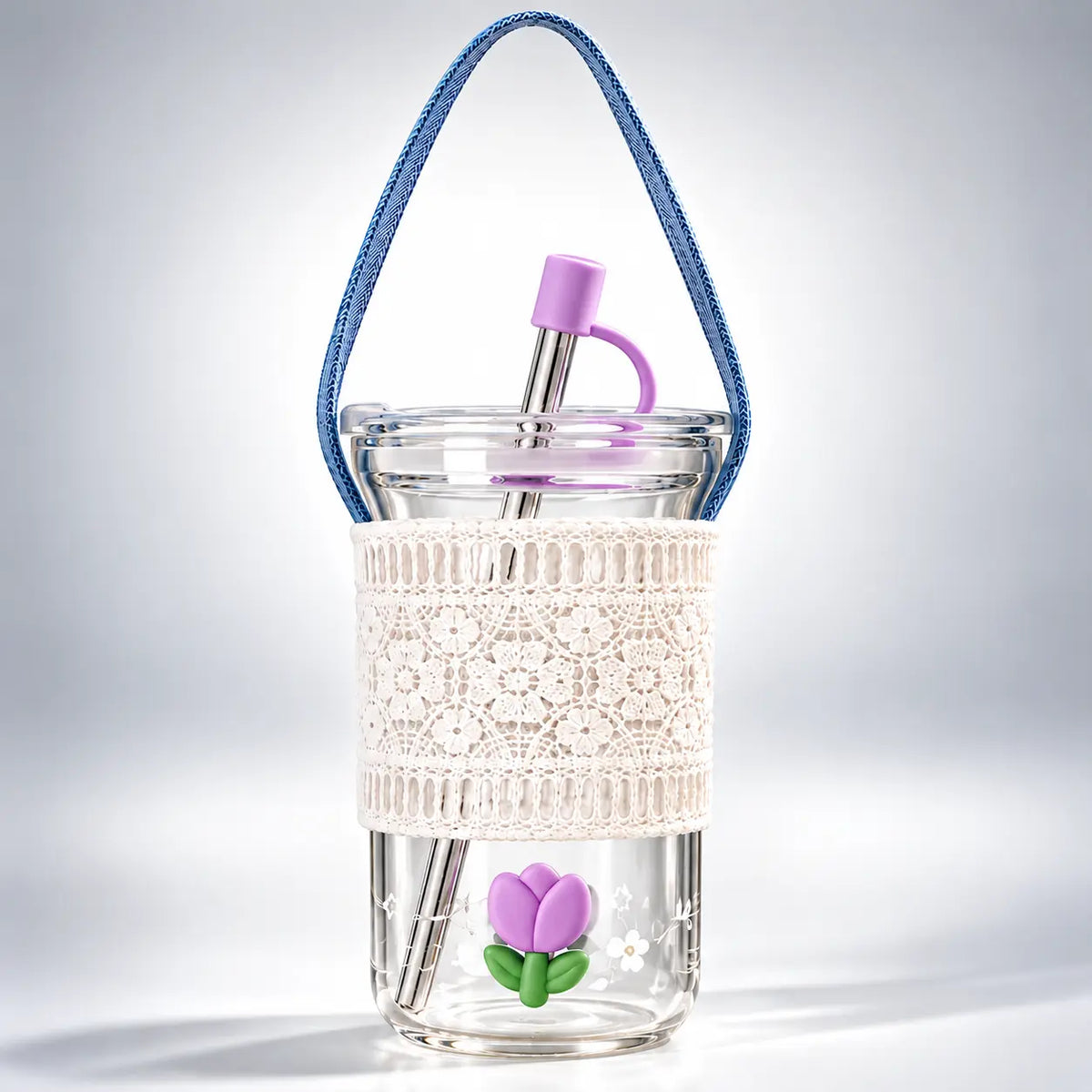 Pastel Tulip Glass Tumbler with Straw & Lace Sleeve