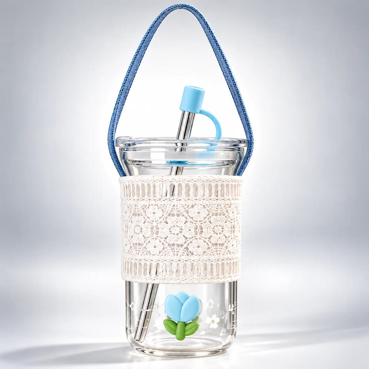 Pastel Tulip Glass Tumbler with Straw & Lace Sleeve