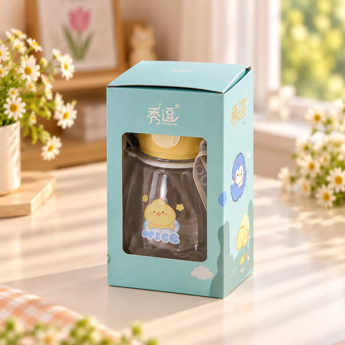 Kawaii Cartoon Animal Water Bottle with Straw & Shoulder Strap